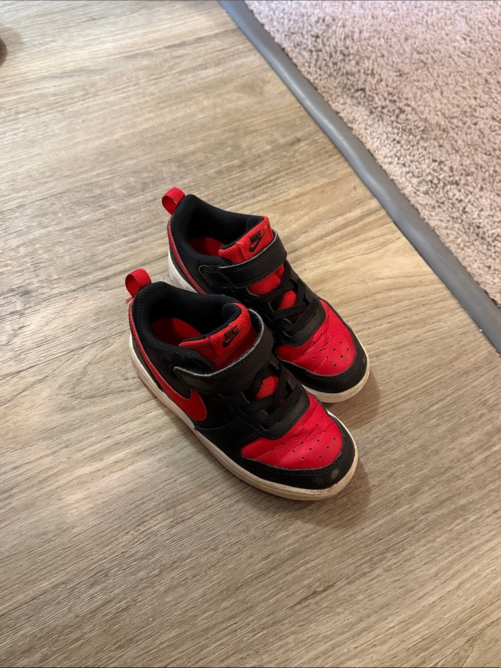 Nike Kids Red and Black High-Top Sneakers with Hook-and-Loop Strap